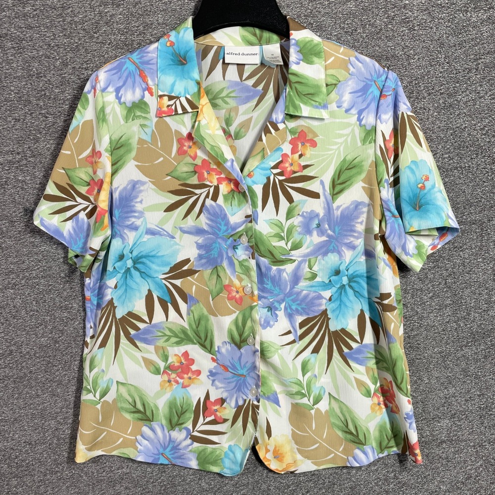 Alfred Dunner Womens 10 Tropical Floral Button Down Shirt Short Sleeve Blue